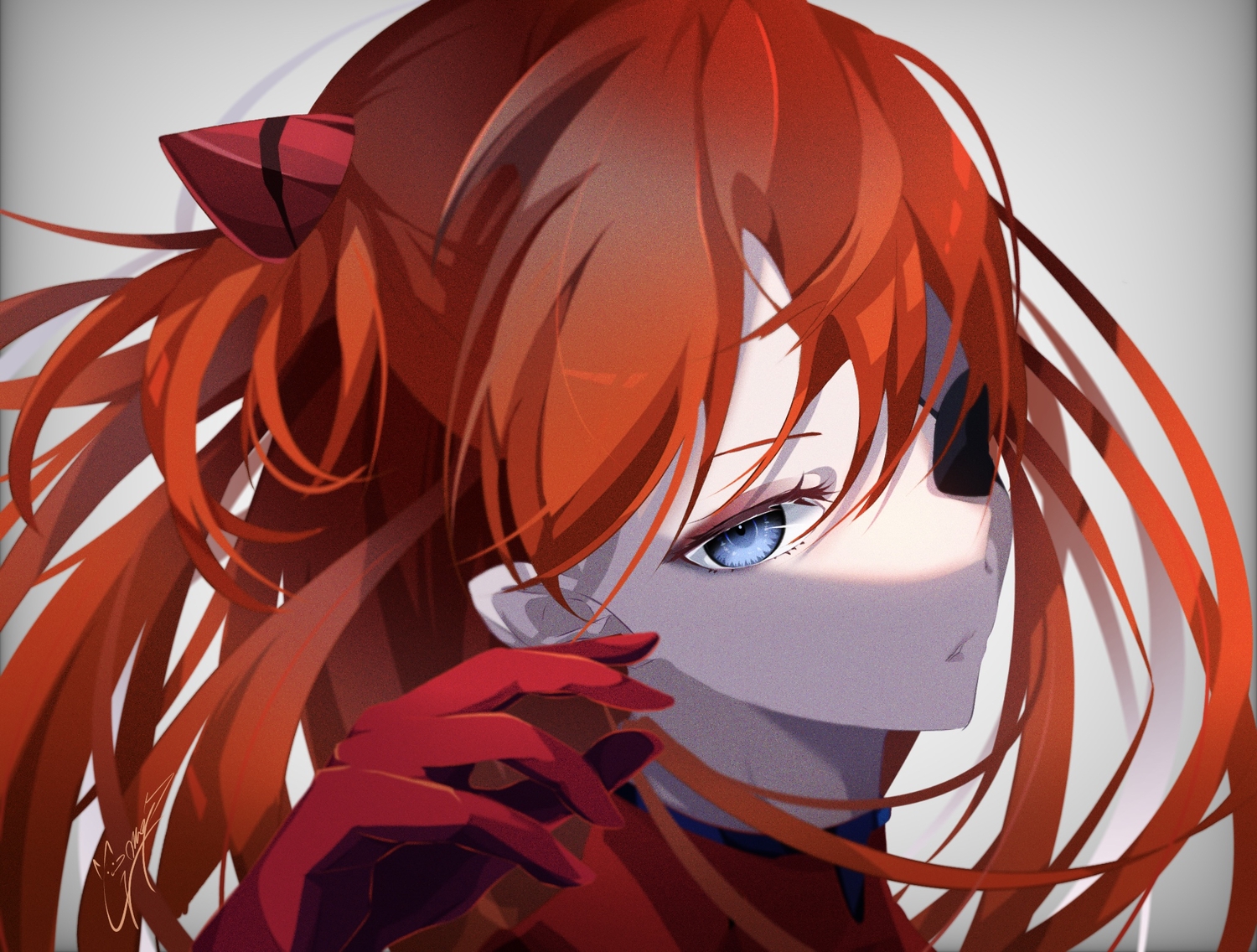 blue_eyes, close, eyepatch, goma_irasuto, long_hair, neon_genesis_evangelion, orange_hair, polychromatic, signed, soryu_asuka_langley