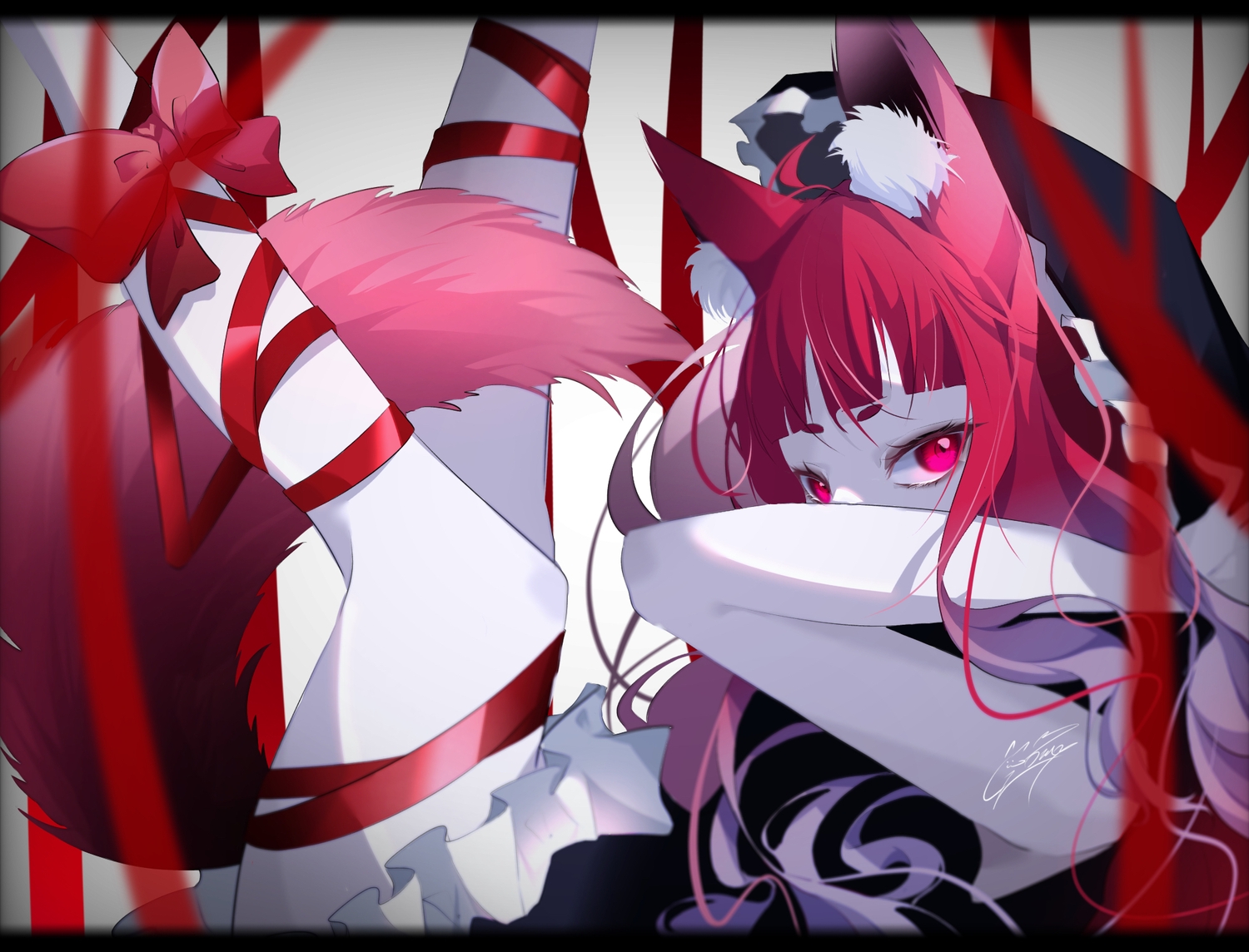 animal_ears, bow, goma_irasuto, original, polychromatic, red, red_eyes, red_hair