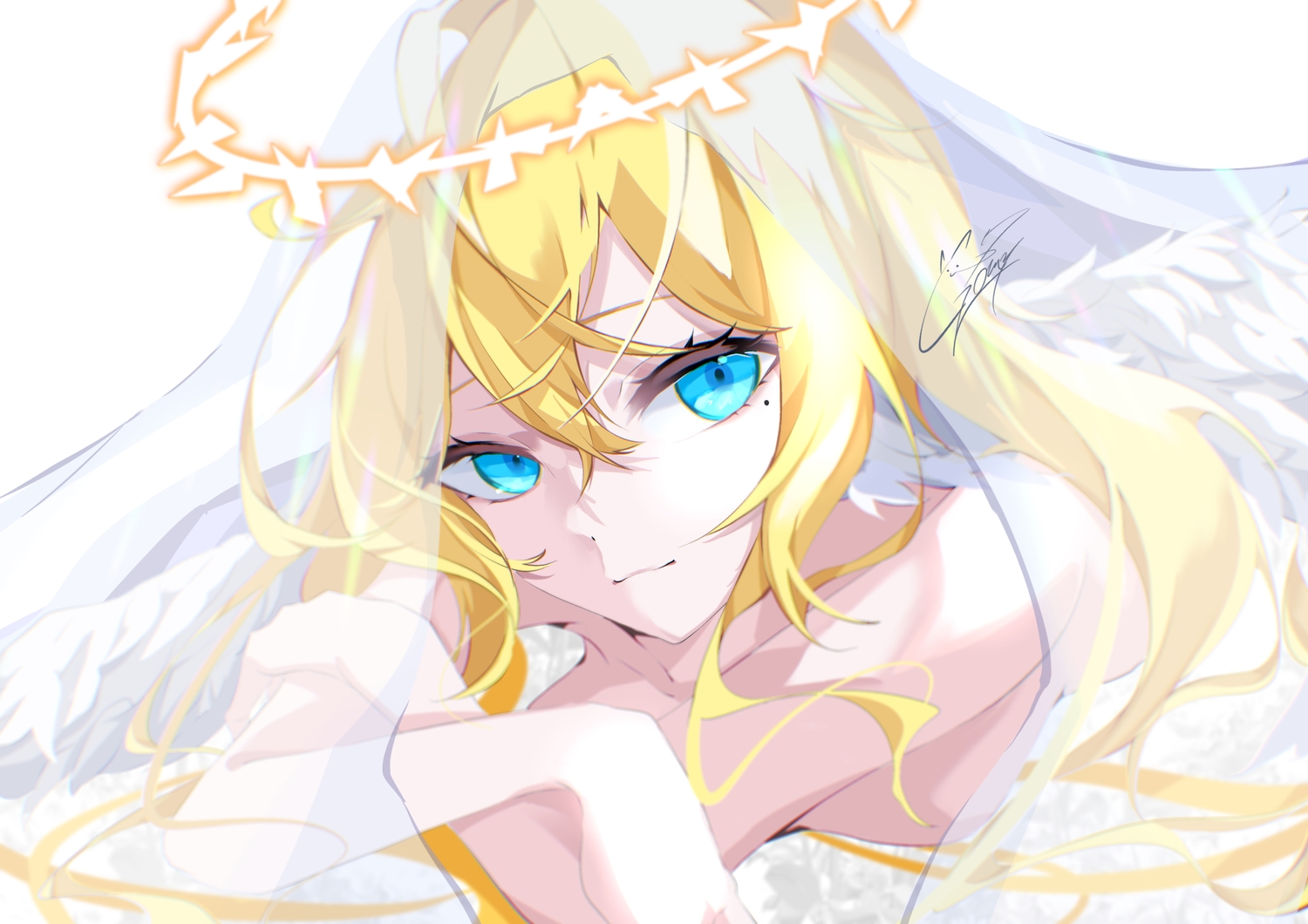 angel, aqua_eyes, blonde_hair, close, goma_irasuto, halo, headdress, original