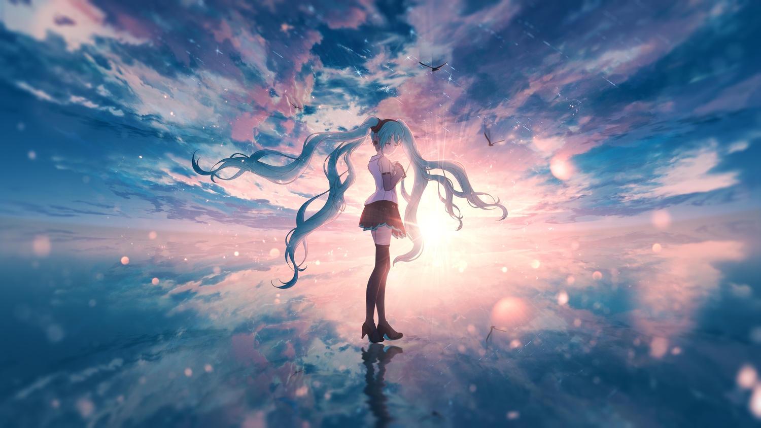animal, bird, clouds, furi0831, hatsune_miku, long_hair, polychromatic, reflection, scenic, sky, vocaloid