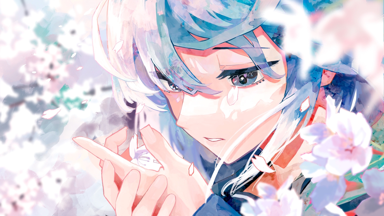 blue_eyes, blue_hair, close, flowers, hatsune_miku, petals, polychromatic, sion001250, vocaloid
