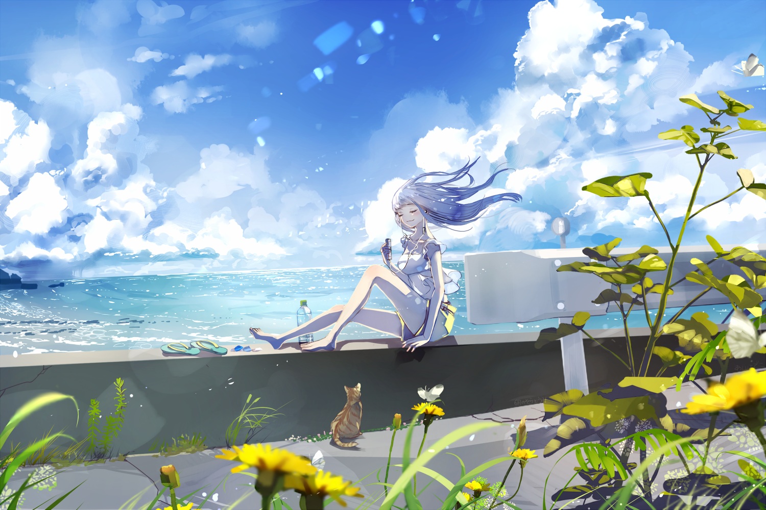 aiha-deko, animal, barefoot, butterfly, cat, clouds, flowers, original