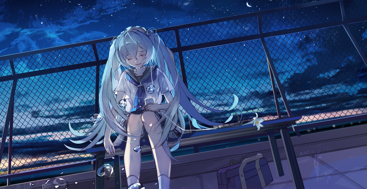 aiha-deko, crying, hatsune_miku, long_hair, school_uniform, signed, sky, stars, tears, vocaloid
