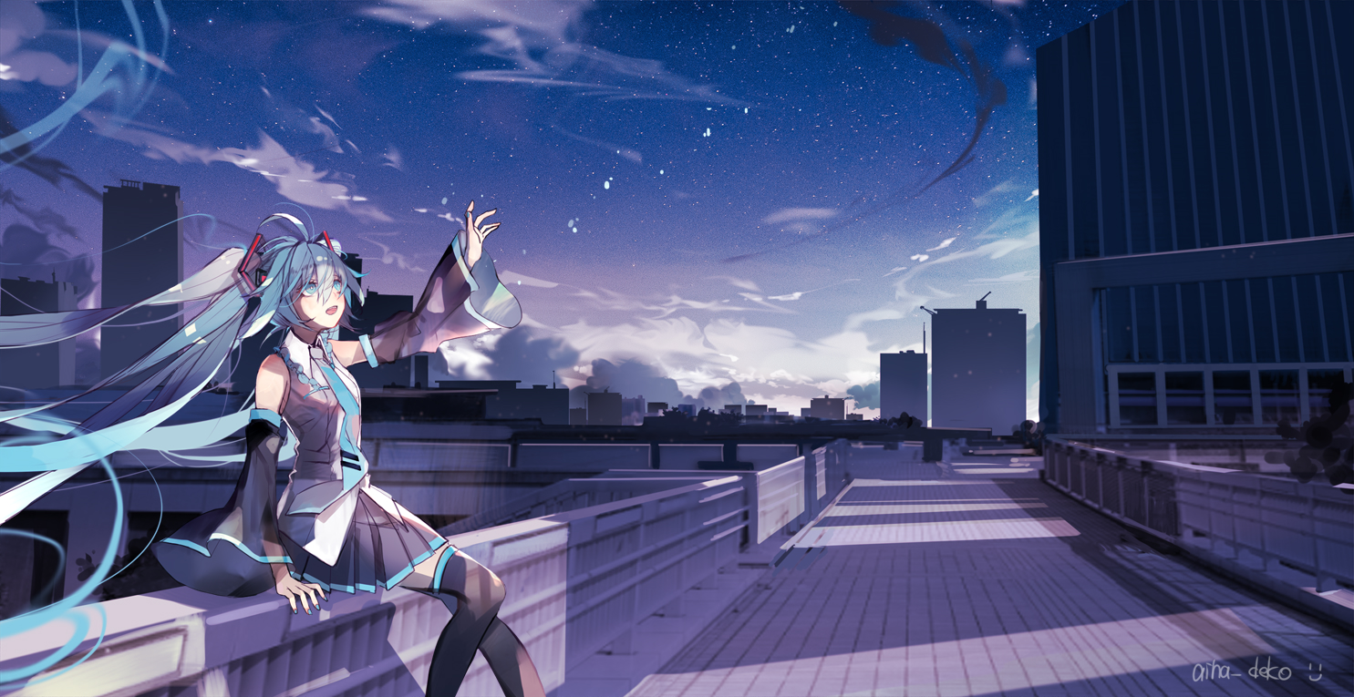 aiha-deko, building, city, clouds, hatsune_miku, scenic, signed, sky