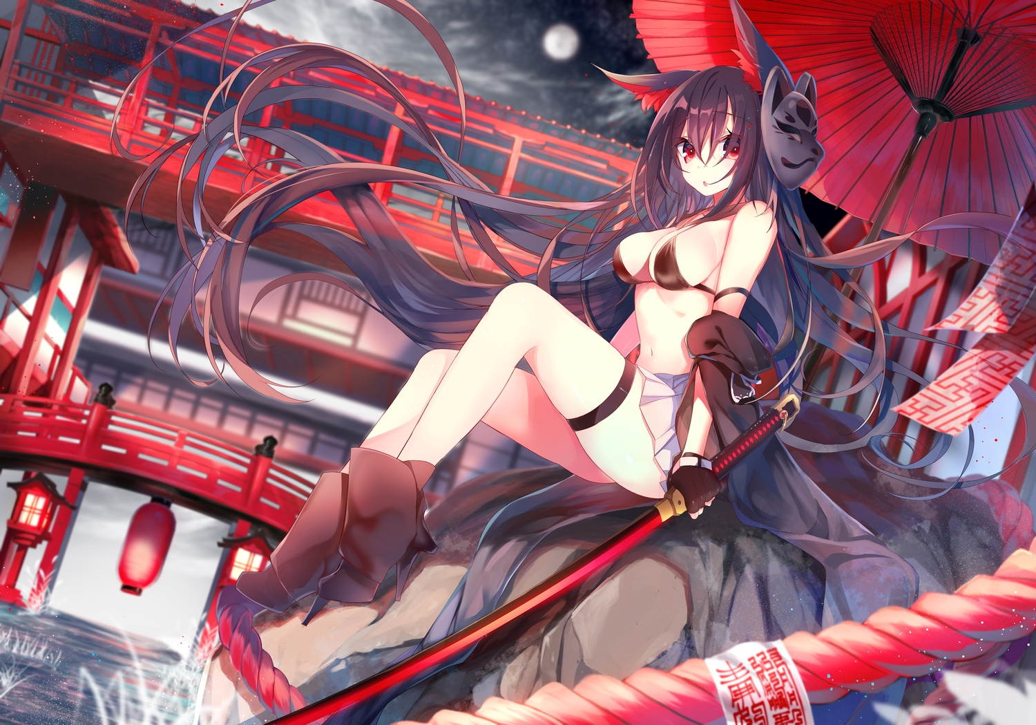 animal_ears, bikini_top, black_hair, boots, breasts, foxgirl, garter, gloves, katana, long_hair, mask, navel, nekoboshi_sakko, ofuda, original, red_eyes, rope, skirt, sword, umbrella, water, weapon
