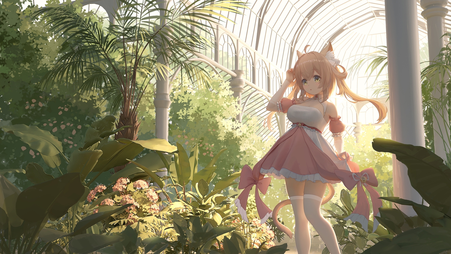 animal_ears, anthropomorphism, azur_lane, catgirl, dress, green, michishio_(azur_lane), tail