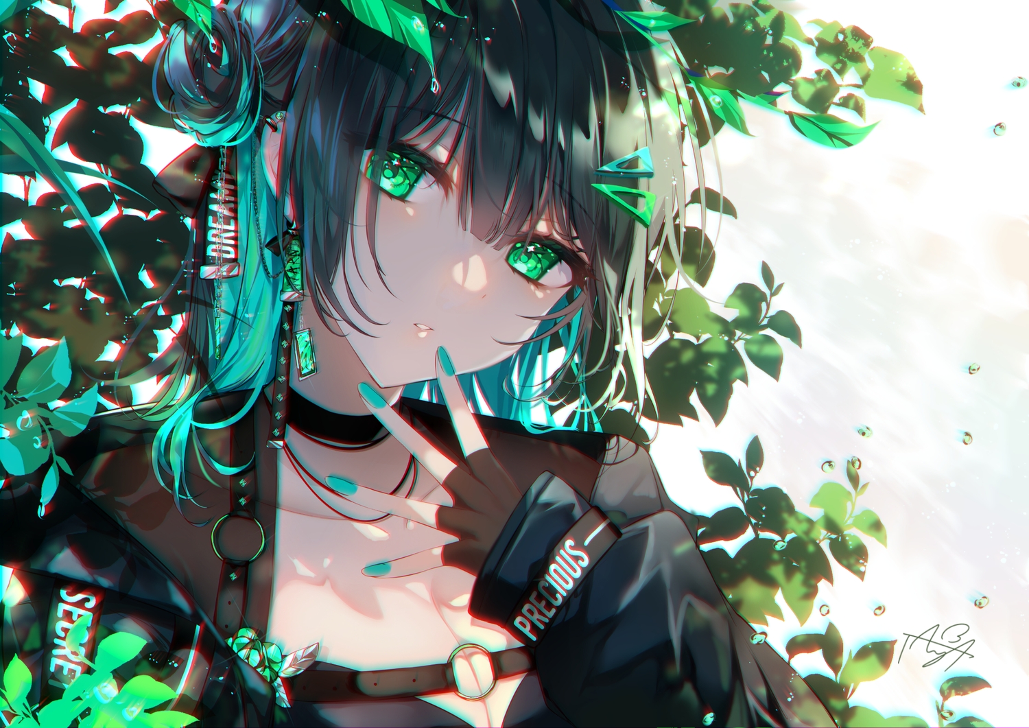 black_hair, breasts, chain, choker, cleavage, close, gloves, green_eyes