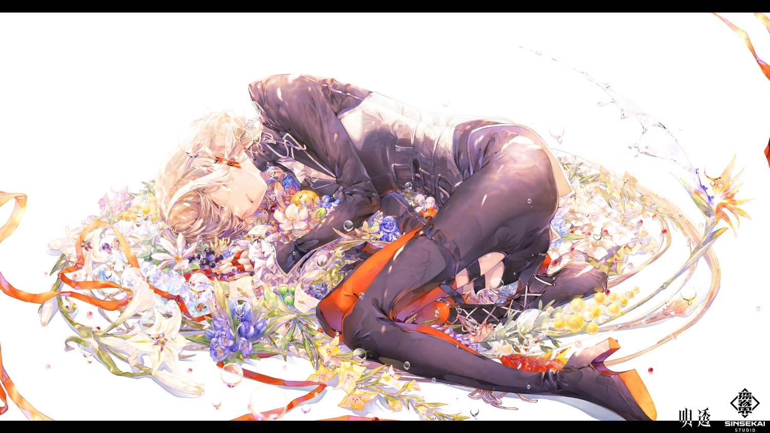 asu_(sinsekai), boots, bouno_satoshi, brown_hair, flowers, garter, ribbons, short_hair, sinsekai_studio, sleeping, water