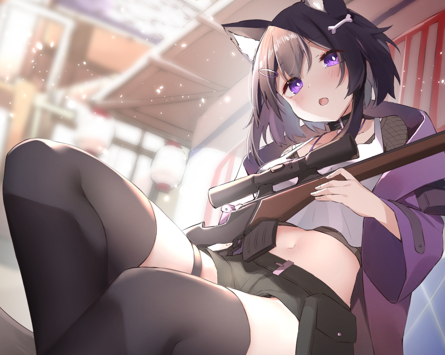 animal_ears, blush, brown_hair, catgirl, collar, cotton_kanzaki, garter, gun
