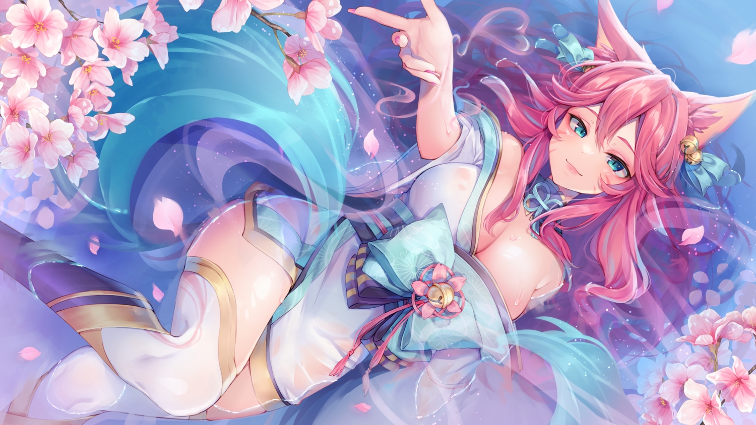 ahri_(league_of_legends), animal_ears, aqua_eyes, bell, breasts, cherry_blossoms, cleavage, flowers, foxgirl, japanese_clothes, kimono, league_of_legends, long_hair, momo_irone, multiple_tails, pink_hair, see_through, tail, water, wet, zettai_ryouiki