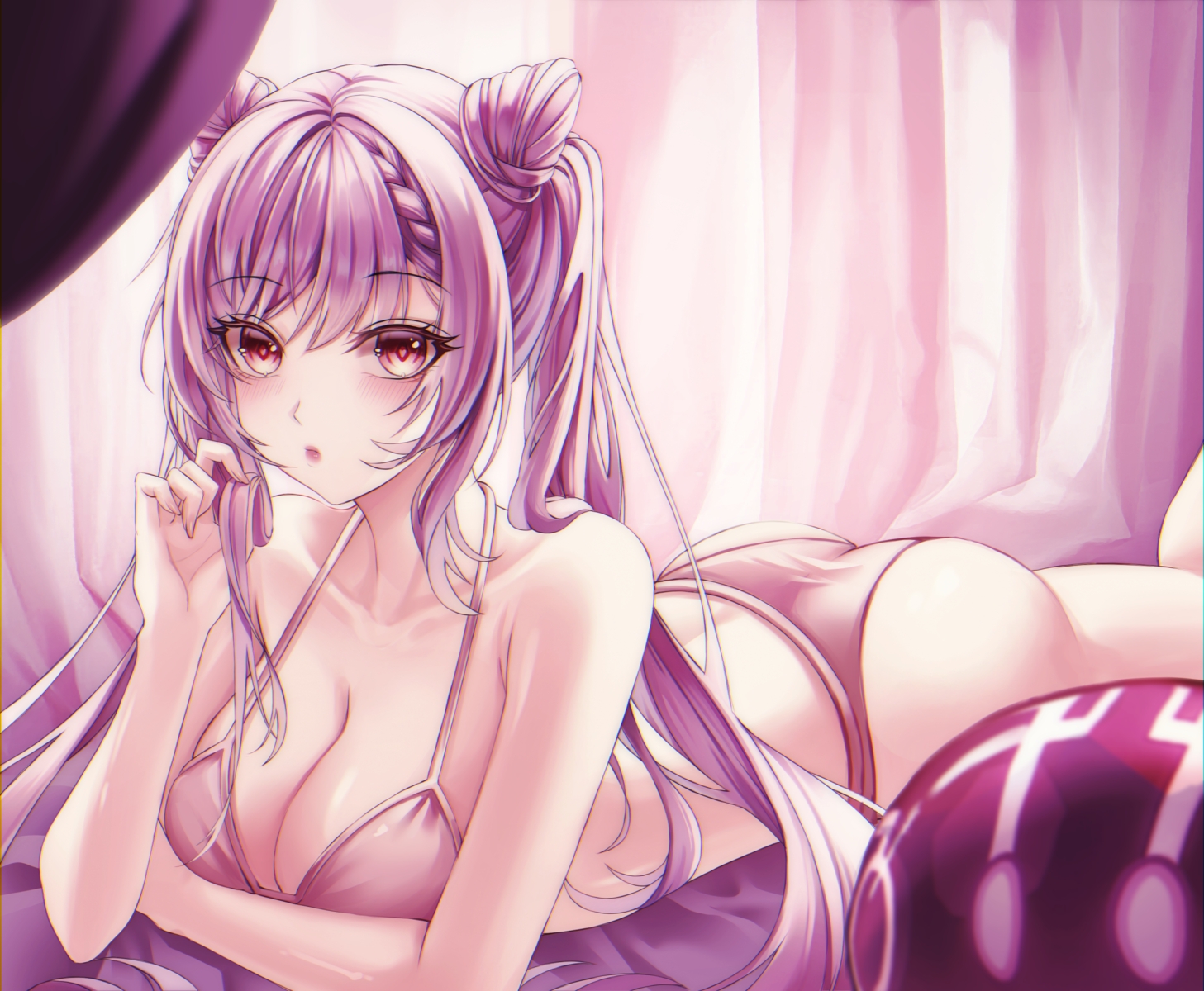 ass, bed, bra, breasts, cleavage, genshin_impact, ha_yusa, keqing_(genshin_impact), long_hair, panties, polychromatic, purple_hair, twintails, underwear