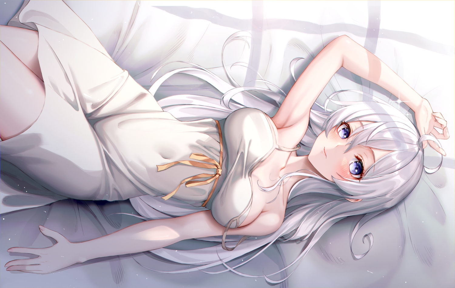 bed, blue_eyes, blush, breasts, dress, eichi_(skskdi12z), elaina_(majo_no_tabitabi), gray_hair