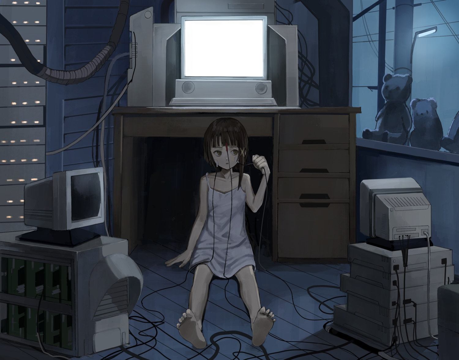 barefoot, brown_eyes, brown_hair, chemi_(kiramoto2115), computer, dark, dress, flat_chest