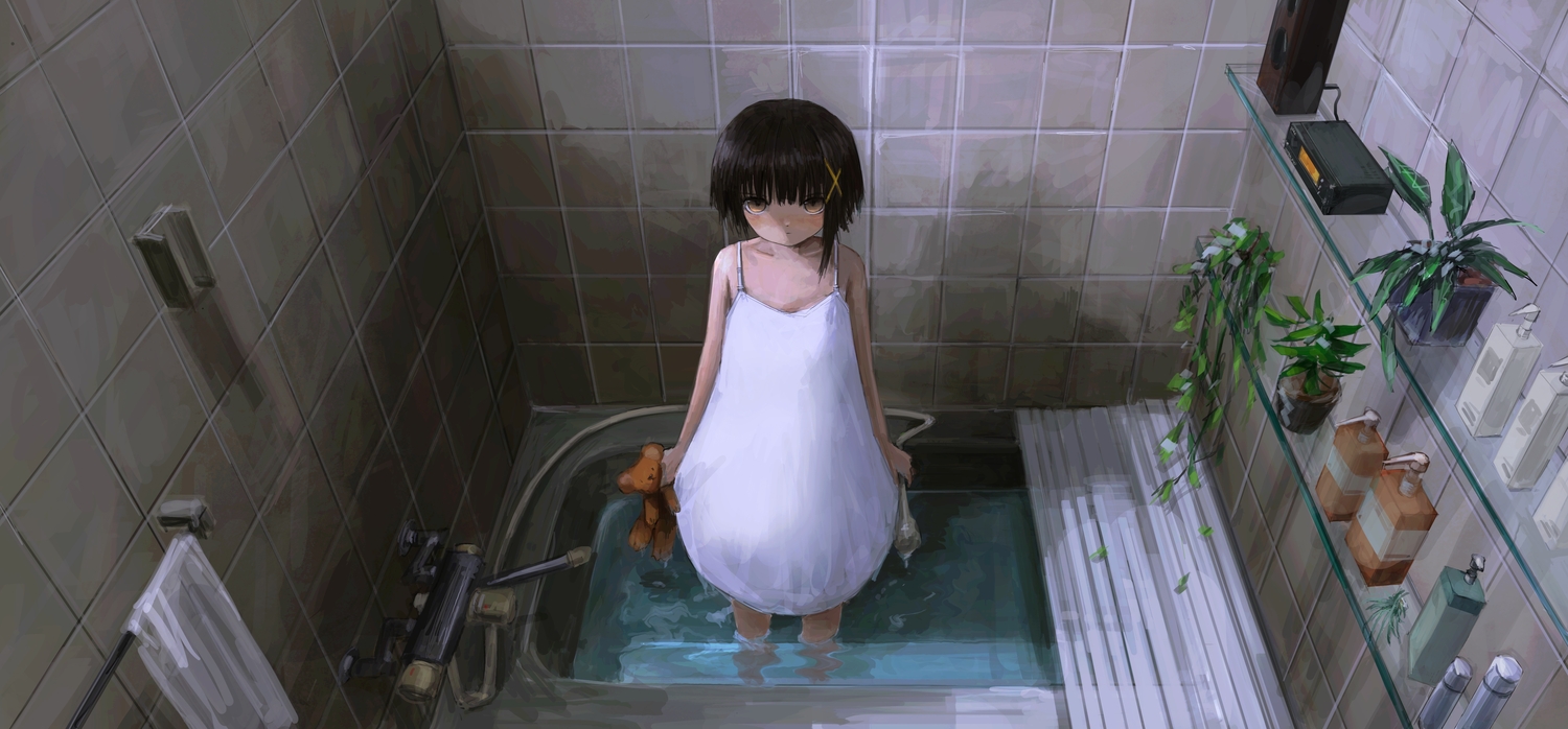 aliasing, bath, bathtub, brown_eyes, brown_hair, dress, hairo_(r228n), iwakura_lain, leaves, serial_experiments_lain, short_hair, summer_dress, teddy_bear, towel