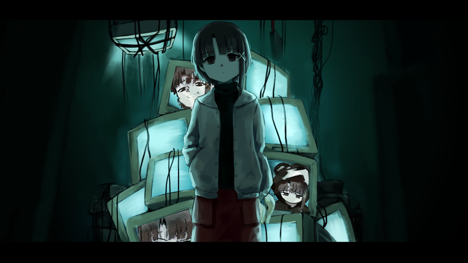 black_eyes, black_hair, computer, dark, green, iwakura_lain, pan_(ryu), polychromatic
