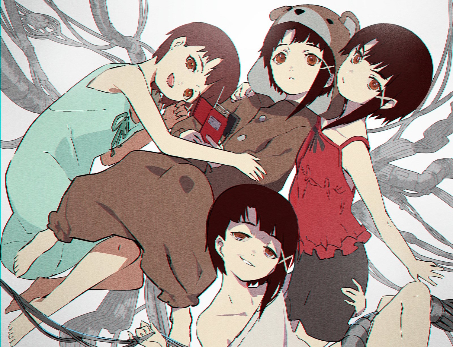 barefoot, brown_eyes, brown_hair, dress, flat_chest, gabu_(az210309), hood, hug