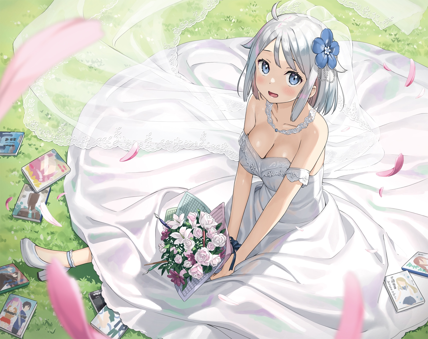 blue_eyes, blush, book, breasts, cleavage, flowers, grass, gray_hair