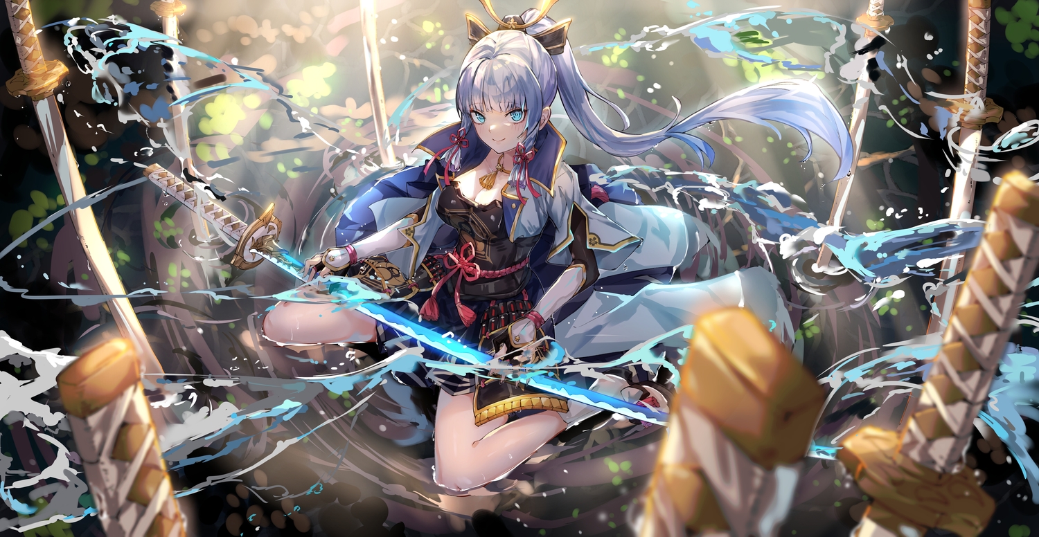 aqua_eyes, armor, blush, breasts, choker, cleavage, elbow_gloves, genshin_impact, gloves, gray_hair, headdress, kamisato_ayaka, katana, lankuchashuangjielong, long_hair, magic, ponytail, samurai, socks, spread_legs, sword, water, weapon