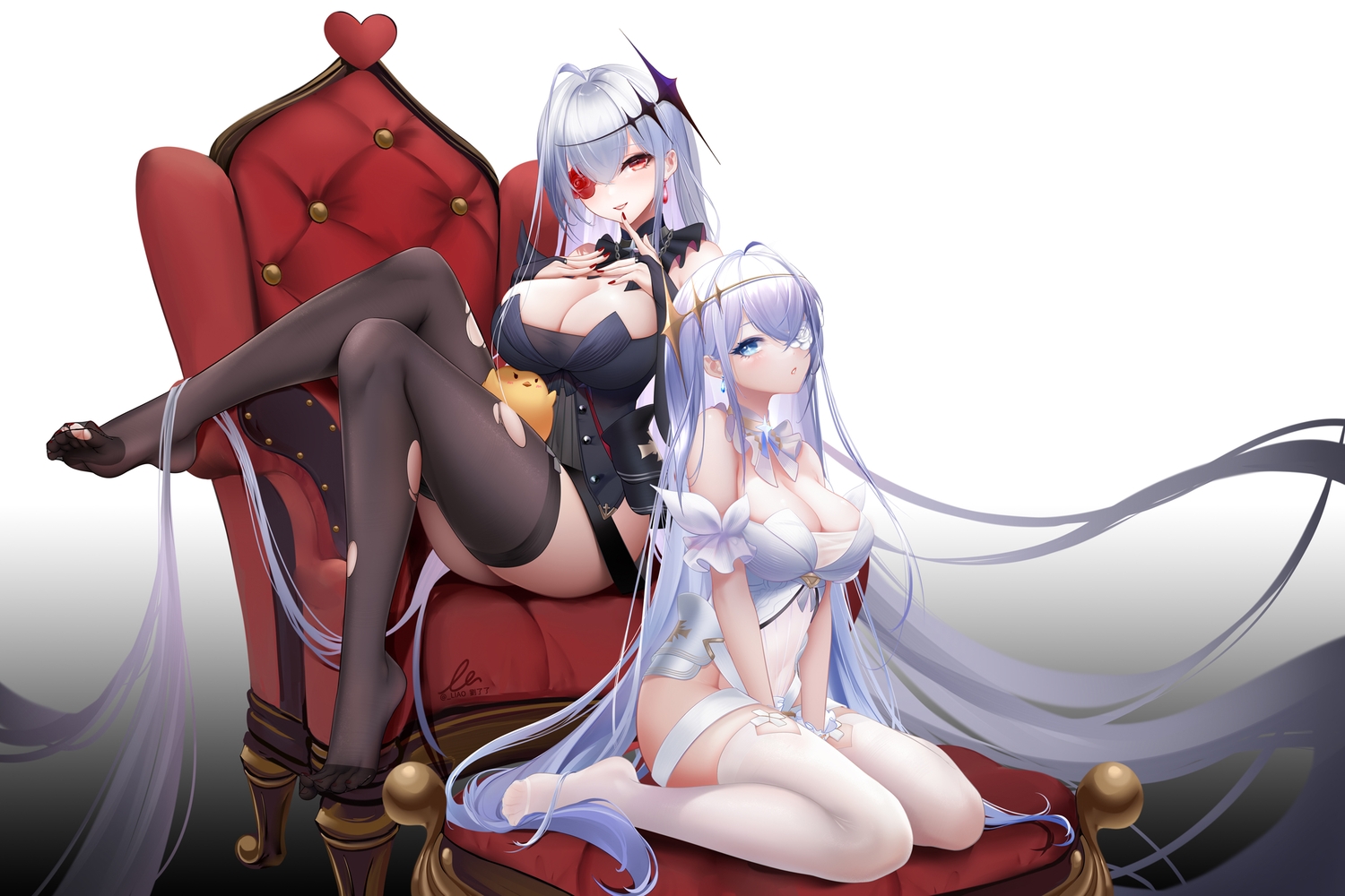 2girls, anthropomorphism, azur_lane, breast_hold, breasts, cleavage, elbow_gloves, emden_(azur_lane), eyepatch, flowers, gloves, gray_hair, liu_liaoliao, long_hair, manjuu_(azur_lane), red_eyes, rose, signed, thighhighs, torn_clothes, watermark