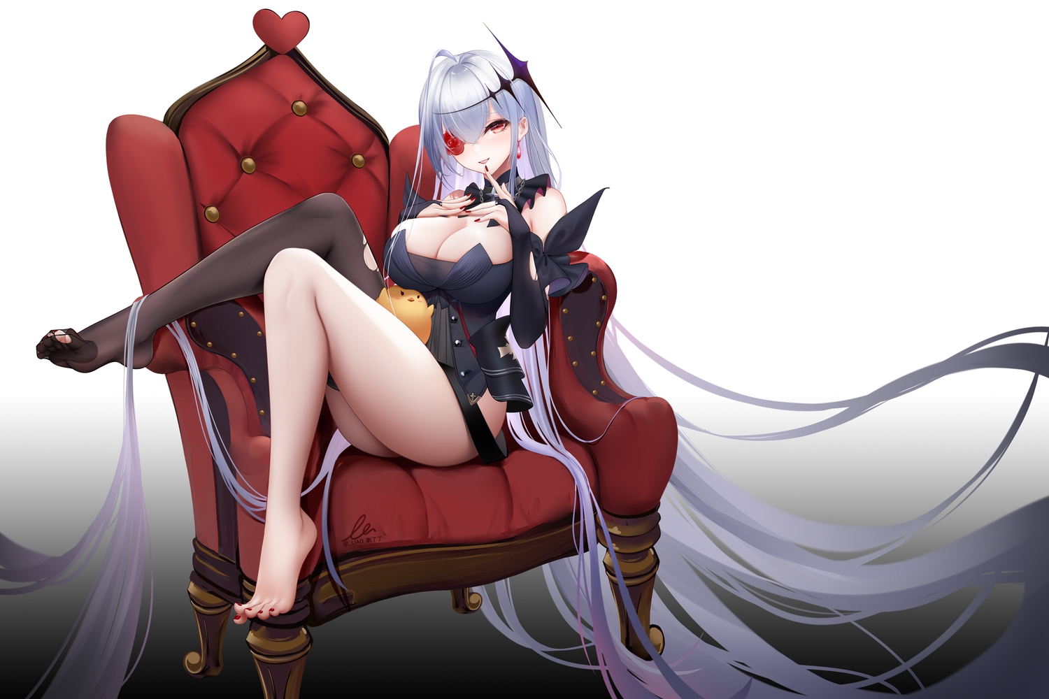 anthropomorphism, azur_lane, barefoot, breast_hold, breasts, cleavage, elbow_gloves, emden_(azur_lane), eyepatch, flowers, gloves, gray_hair, liu_liaoliao, long_hair, manjuu_(azur_lane), red_eyes, rose, signed, thighhighs, watermark