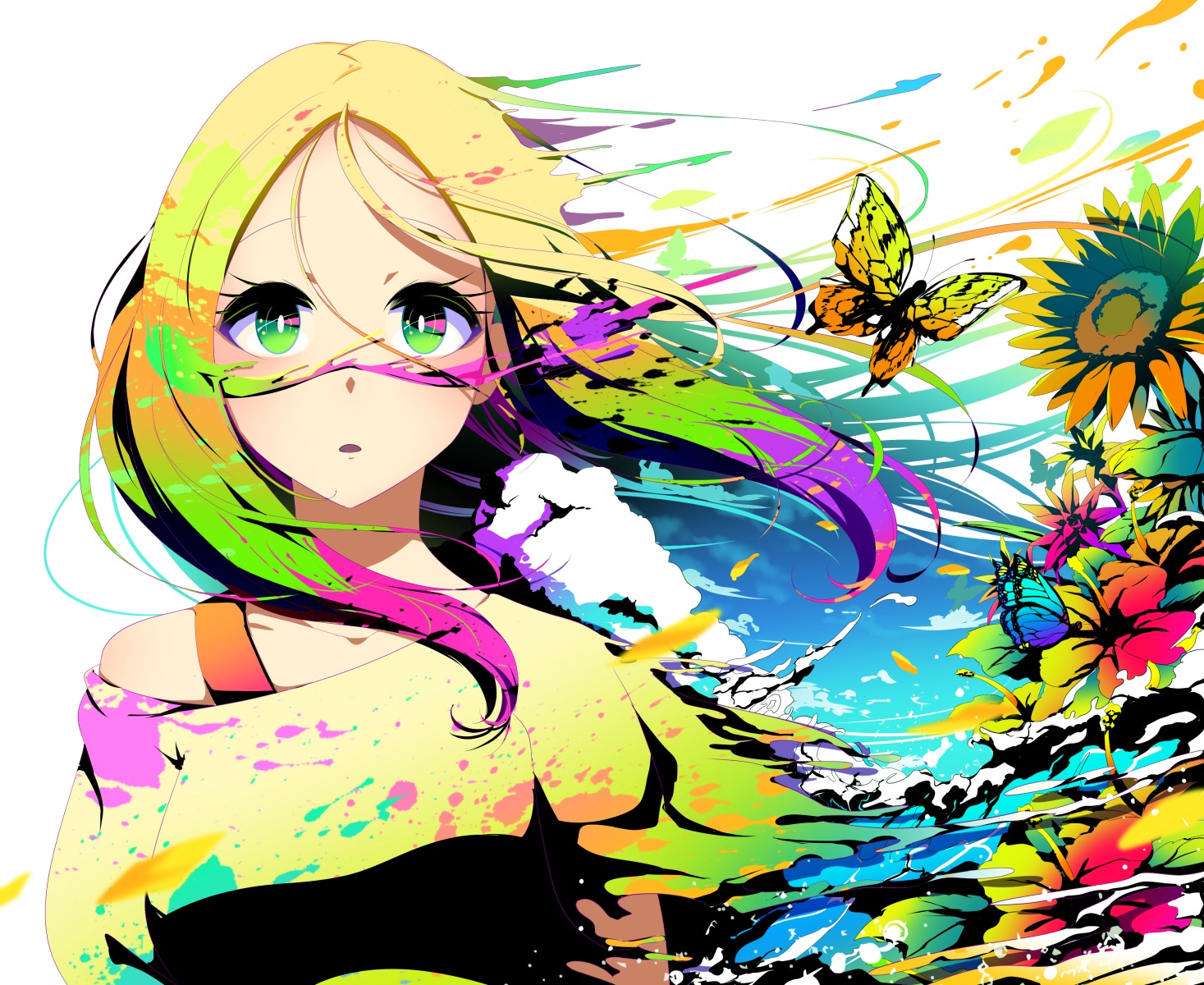 berryverrine, butterfly, flowers, green_eyes, long_hair, matsurika_(pokemon), pokemon, polychromatic
