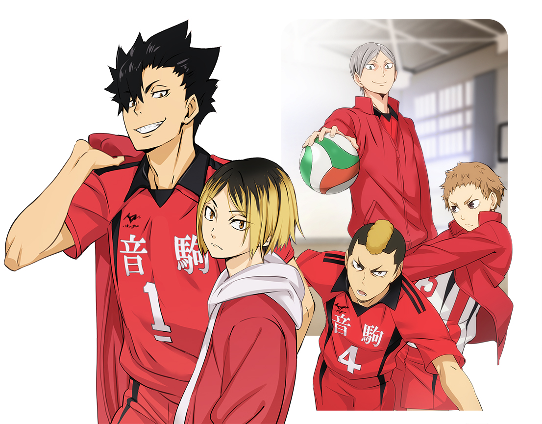 all_male, black_hair, blonde_hair, brown_eyes, brown_hair, fukunaga_shouhei, gray_hair, group, haiba_lev, haikyuu!!, hood, kozume_kenma, kuroo_tetsuro, male, nyoro_(nyoronyoro000), short_hair, sport, uniform, volleyball, yamamoto_taketora