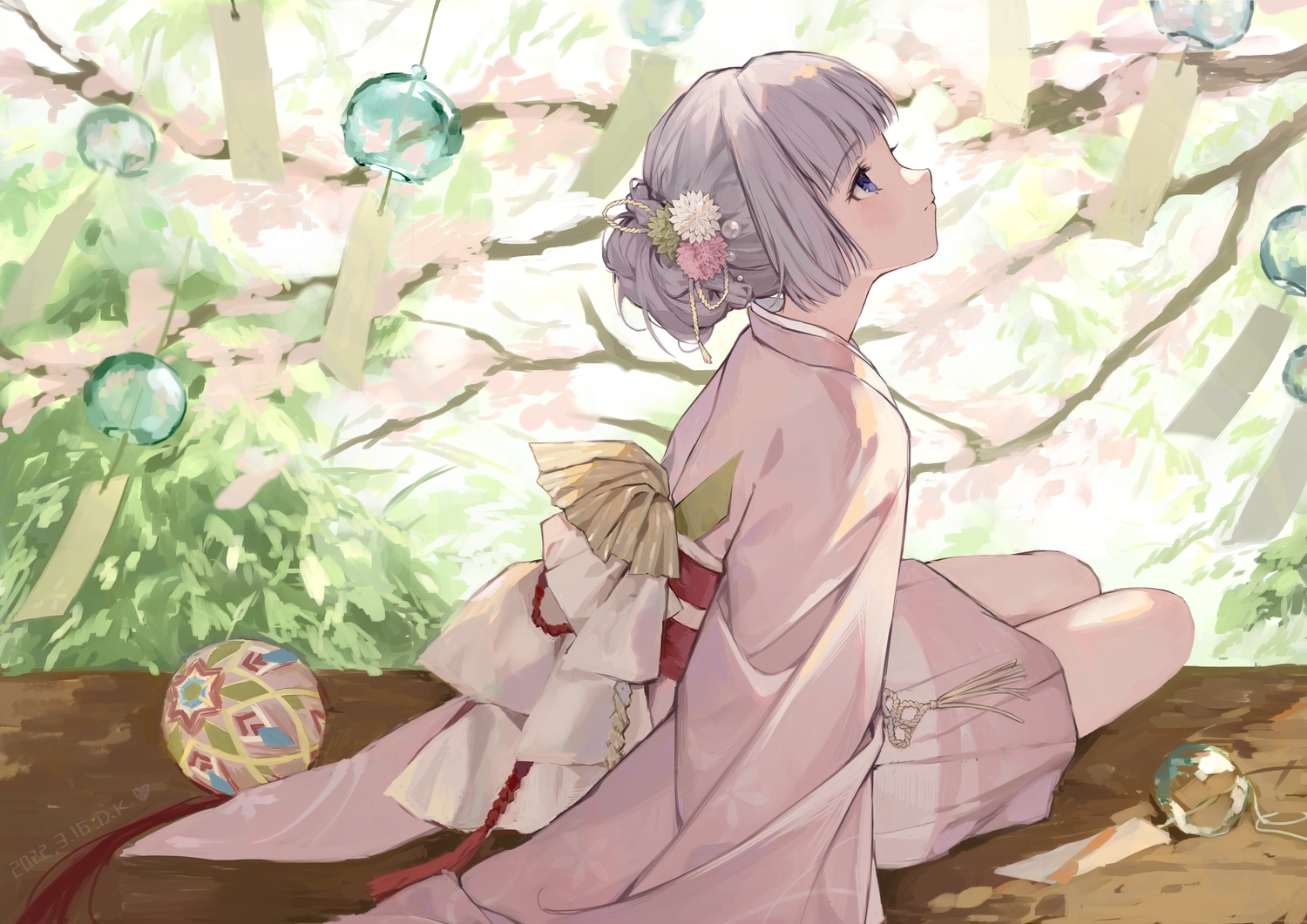 ball, blue_eyes, daichengqi, flowers, gray_hair, japanese_clothes, kimono, original, short_hair, tree