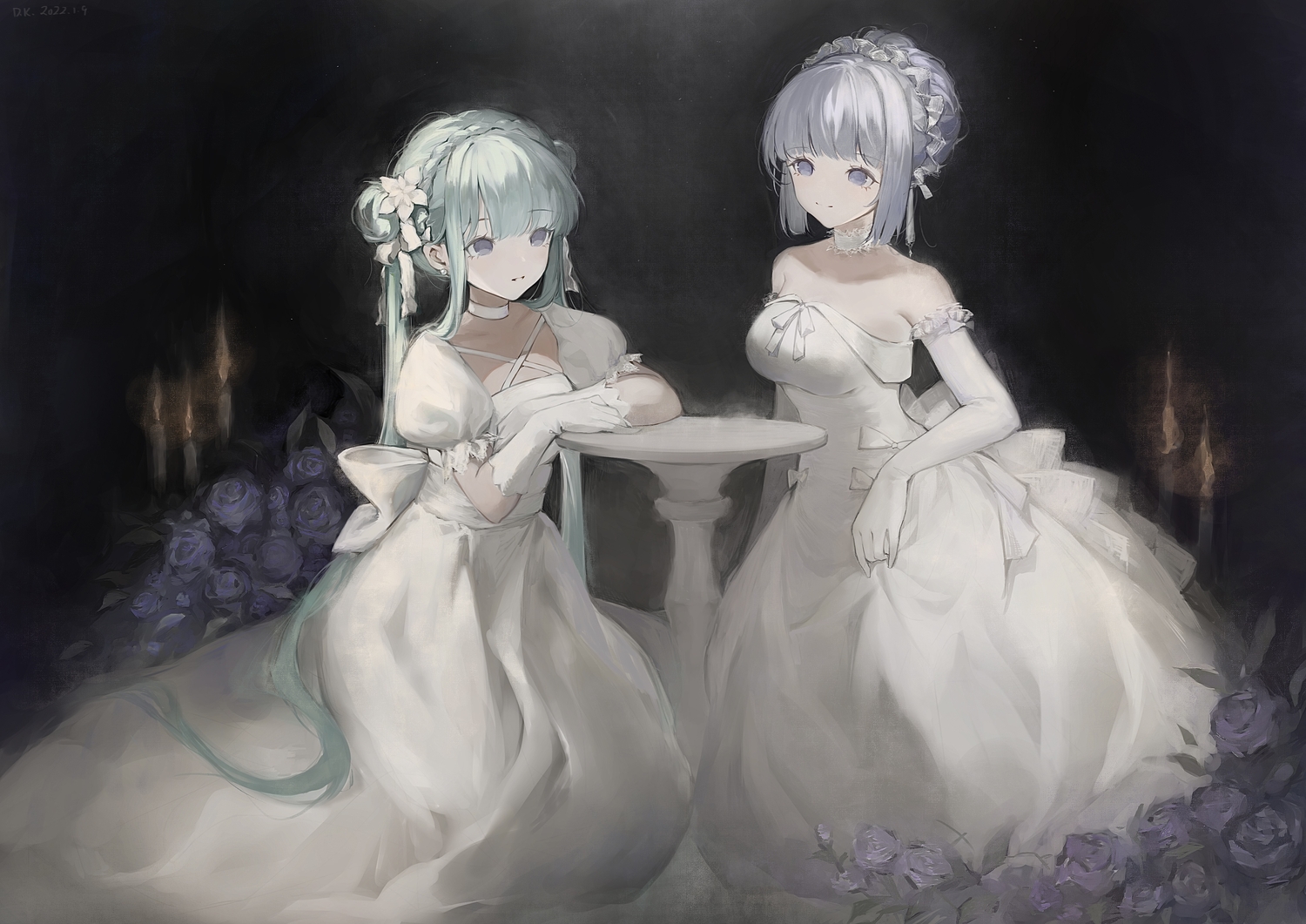 2girls, braids, choker, daichengqi, dress, elbow_gloves, flowers, gloves