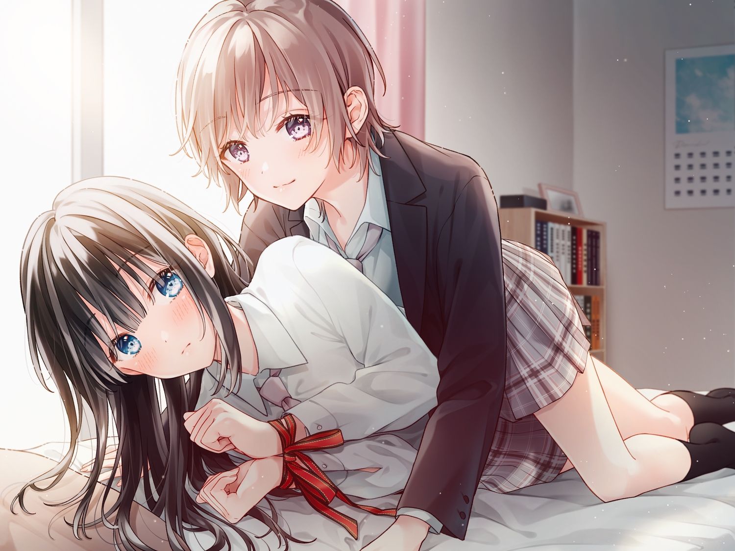 2girls, aoi_yuki, bed, black_hair, blue_eyes, blush, bondage, book, brown_hair, kneehighs, long_hair, original, purple_eyes, ribbons, school_uniform, short_hair, shoujo_ai, skirt, socks, tie