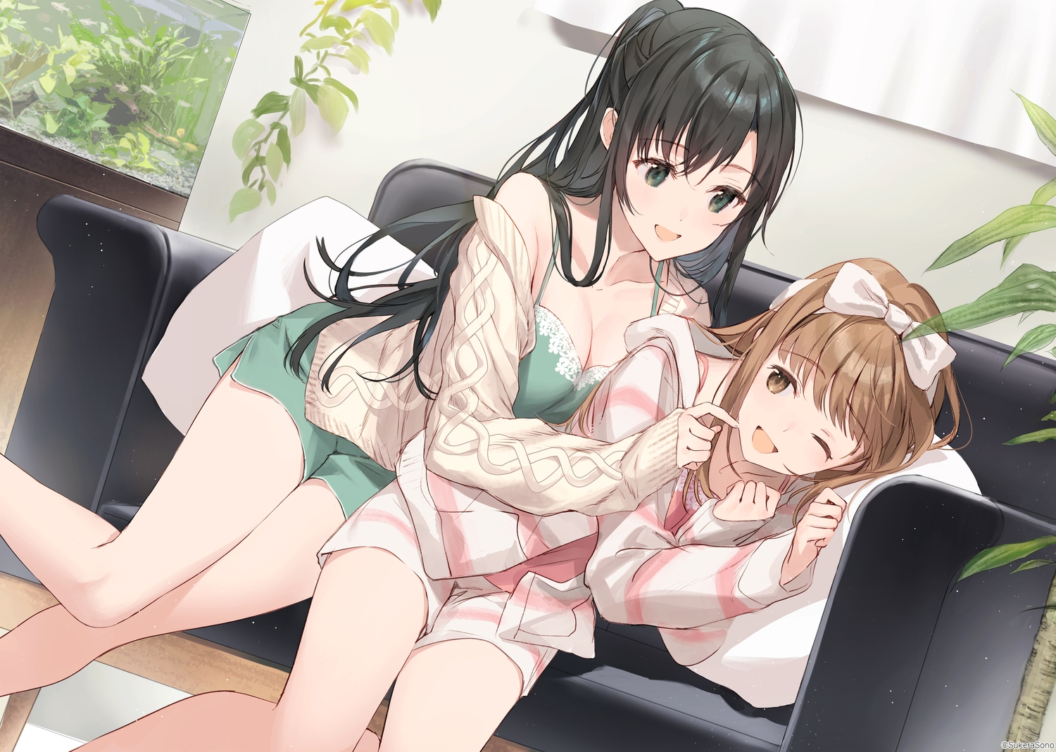 2girls, black_hair, breasts, brown_eyes, brown_hair, cleavage, couch, green_eyes, headband, hood, leaves, long_hair, original, pajamas, shorts, shoujo_ai, weee_(raemz), wink