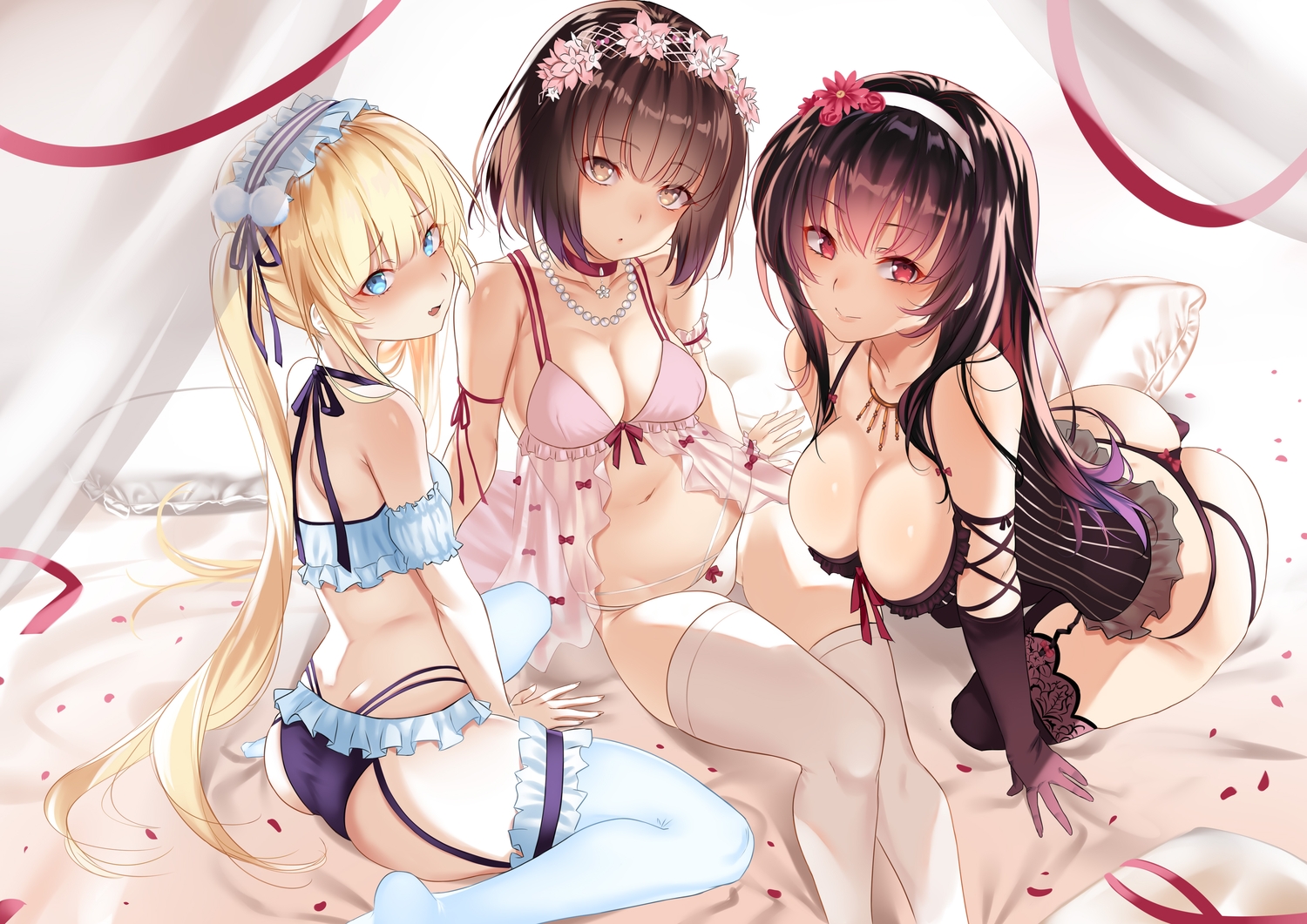 jpeg_artifacts, kasumigaoka_utaha, katou_megumi, long_hair, panties, saenai_heroine_no_sodatekata, sawamura_spencer_eriri, short_hair, stockings, underwear, zasshu