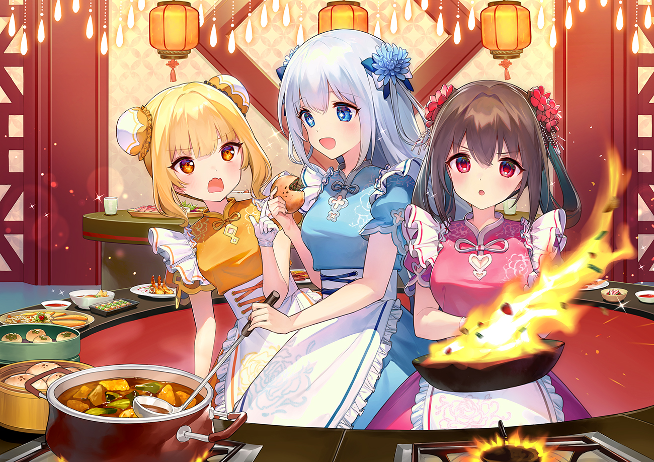 ainy77, aitsuki_nakuru, apron, blonde_hair, blue_eyes, blue_hair, blush, brown_hair, chinese_clothes, chinese_dress, dress, fang, fire, food, la_priere, long_hair, natsume_itsuki, nayuta_(la_priere), orange_eyes, red_eyes, short_hair