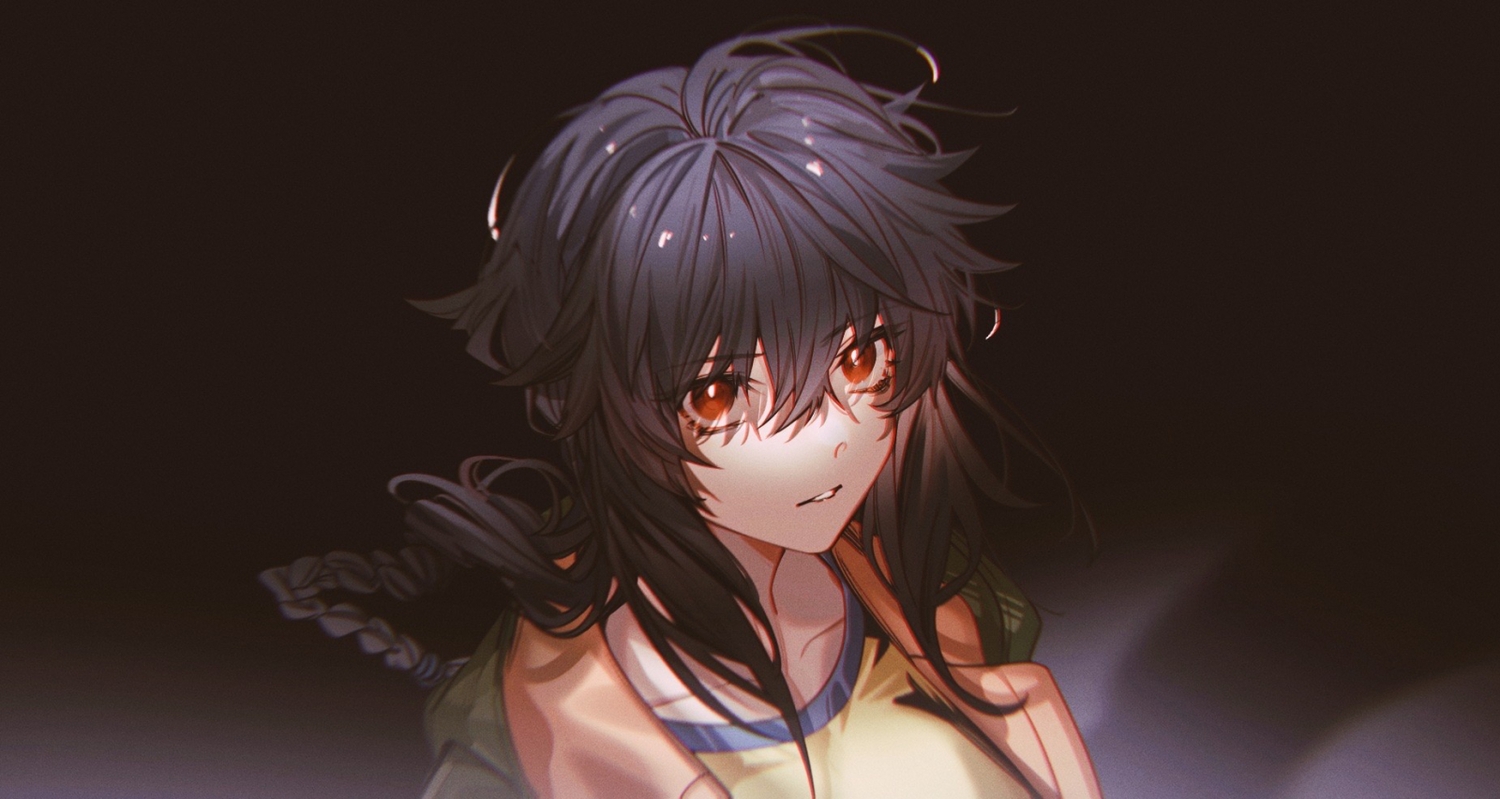arlizi, black_hair, braids, close, gradient, long_hair, raging_loop, red_eyes, serizawa_chiemi