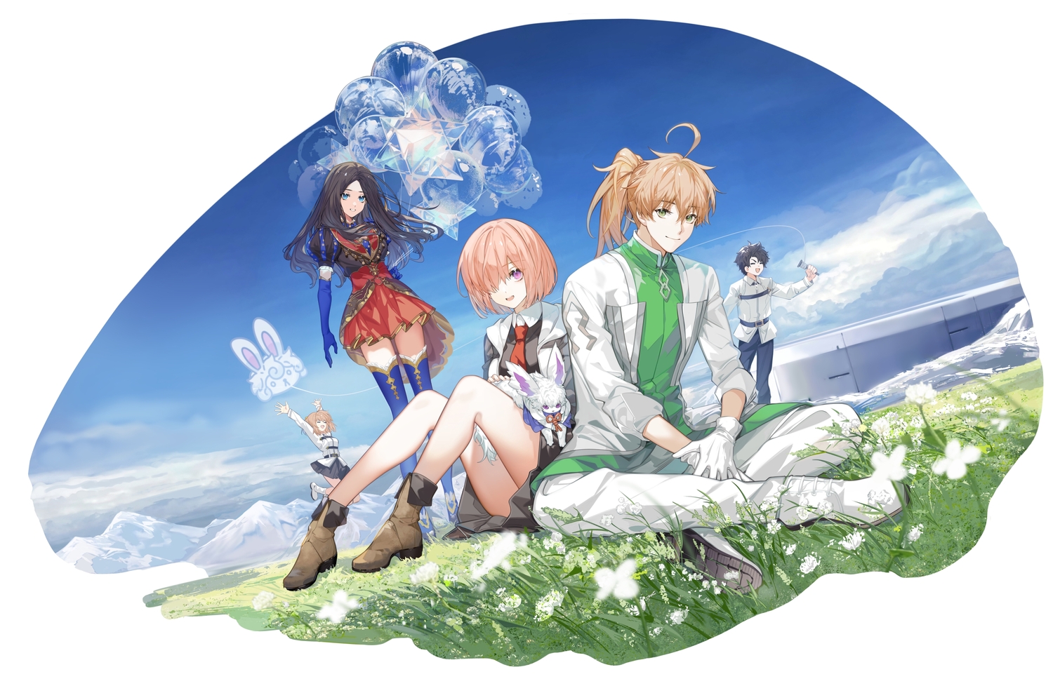 arlizi, fate/grand_order, fate_(series), fou_(fate/grand_order), fujimaru_ritsuka_(female), fujimaru_ritsuka_(male), grass, leonardo_da_vinci_(fate)