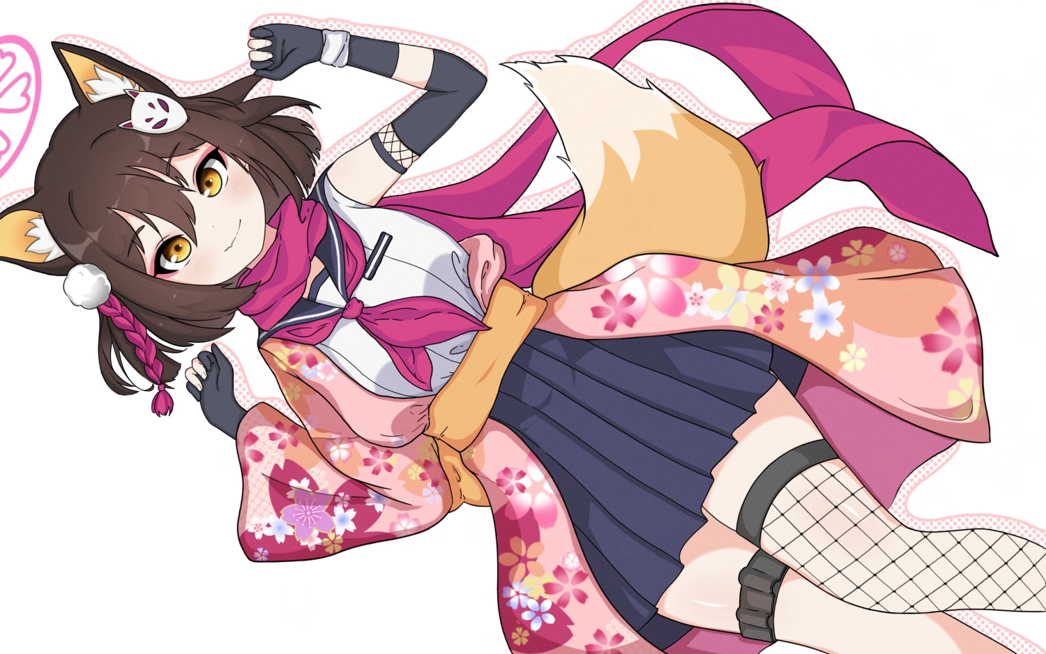 animal_ears, blue_archive, blush, brown_hair, elbow_gloves, fang, foxgirl, garter, gloves, halo, hrna, japanese_clothes, kuda_izuna, ninja, scarf, school_uniform, short_hair, skirt, stockings, tail, white, yellow_eyes, yukata