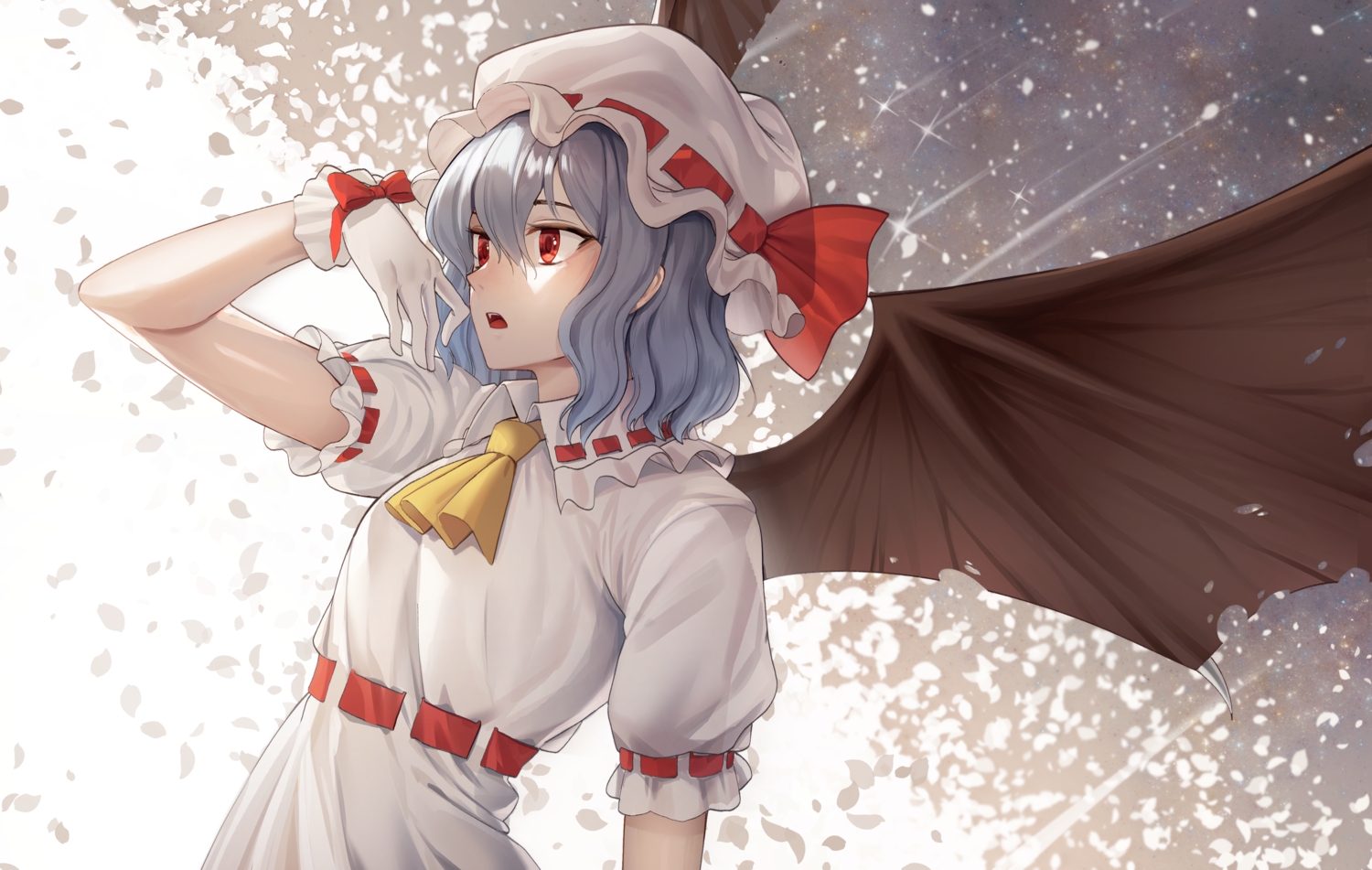 blue_hair, dress, fang, goback, hat, petals, red_eyes, remilia_scarlet