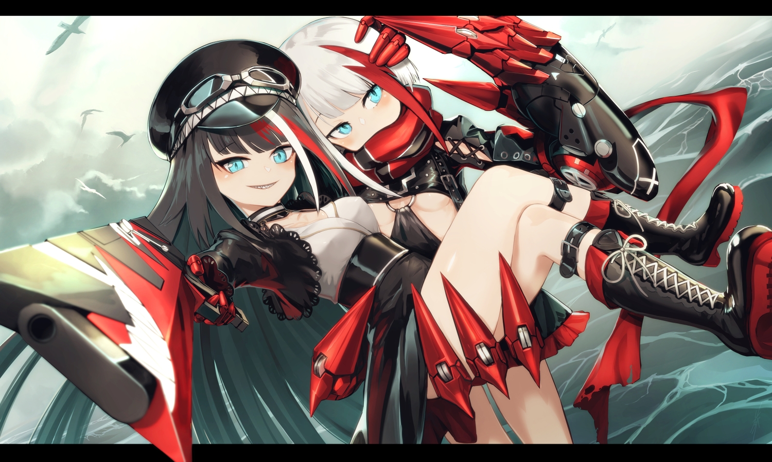 2girls, admiral_graf_spee_(azur_lane), anthropomorphism, azur_lane, boots, breasts, deutschland_(azur_lane), erect_nipples