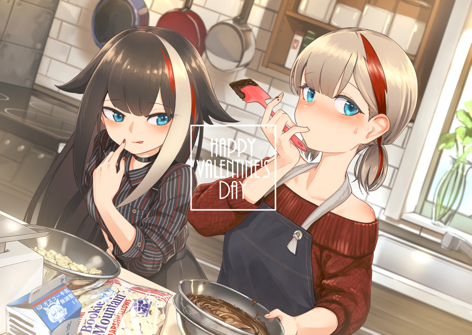 2girls, admiral_graf_spee_(azur_lane), anthropomorphism, apron, azur_lane, blush, chocolate, deutschland_(azur_lane)