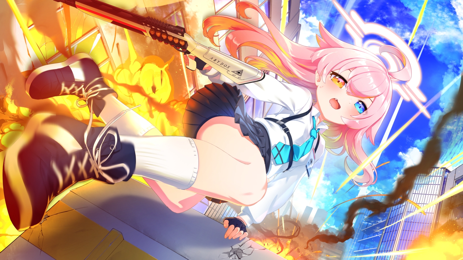 bicolored_eyes, blue_archive, building, city, clouds, fang, fire, gloves, gun, halo, kneehighs, loli, long_hair, pink_hair, school_uniform, seigetsu_kotaku, shirt, sky, socks, takanashi_hoshino, tie, weapon