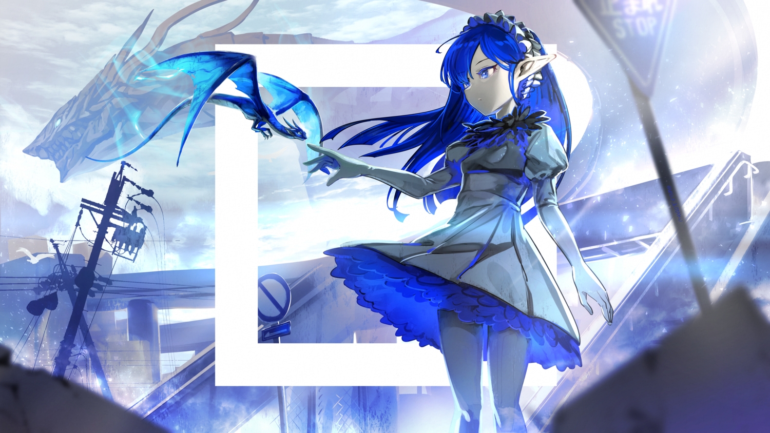 blue_eyes, blue_hair, dragon, dress, elbow_gloves, gloves, headdress, long_hair