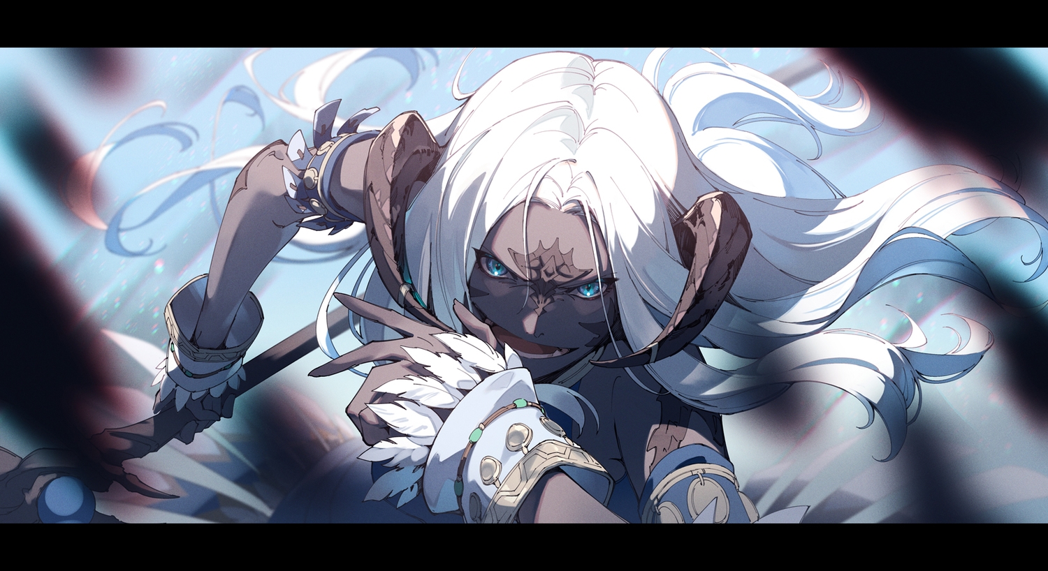 au_ra, blue_eyes, dark_skin, final_fantasy, final_fantasy_xiv, horns, long_hair, sadu_dotharl, staff, white_hair