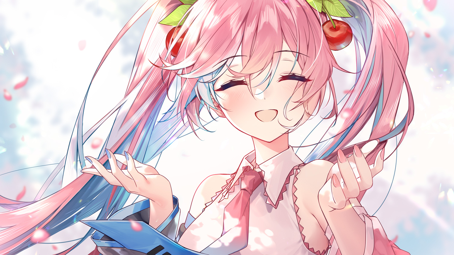 hatsune_miku, long_hair, petals, pink_hair, sakura_miku, tie, twintails, vocaloid, zhong_chai