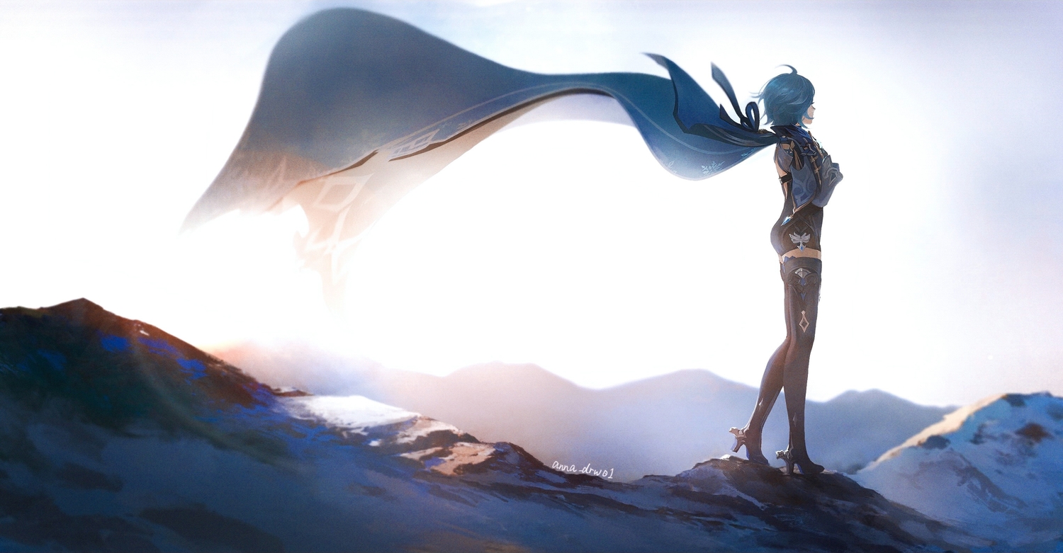 anna_(drw01), cape, eula_lawrence, genshin_impact, landscape, scenic, short_hair, signed