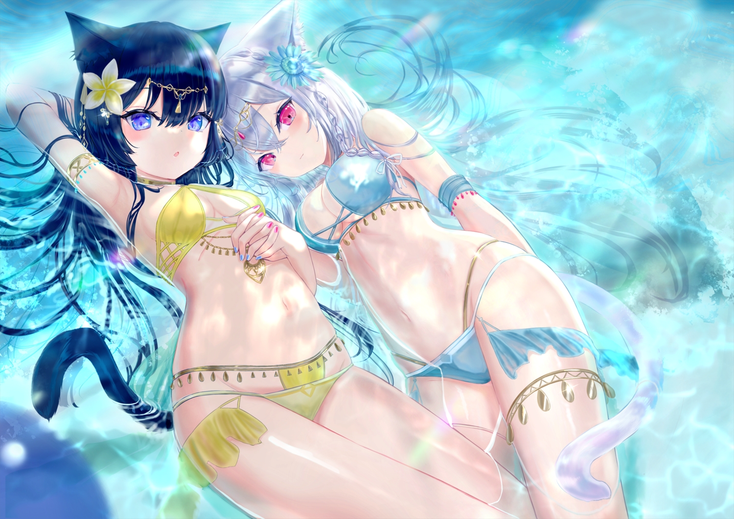 2girls, animal_ears, bikini, black_hair, braids, catgirl, gray_hair, hou_no_ka