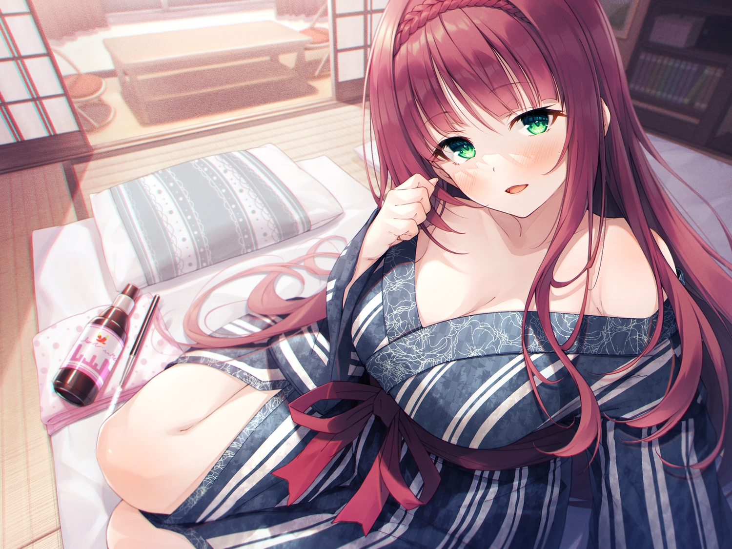 bed, blush, breasts, cleavage, cura, drink, green_eyes, japanese_clothes