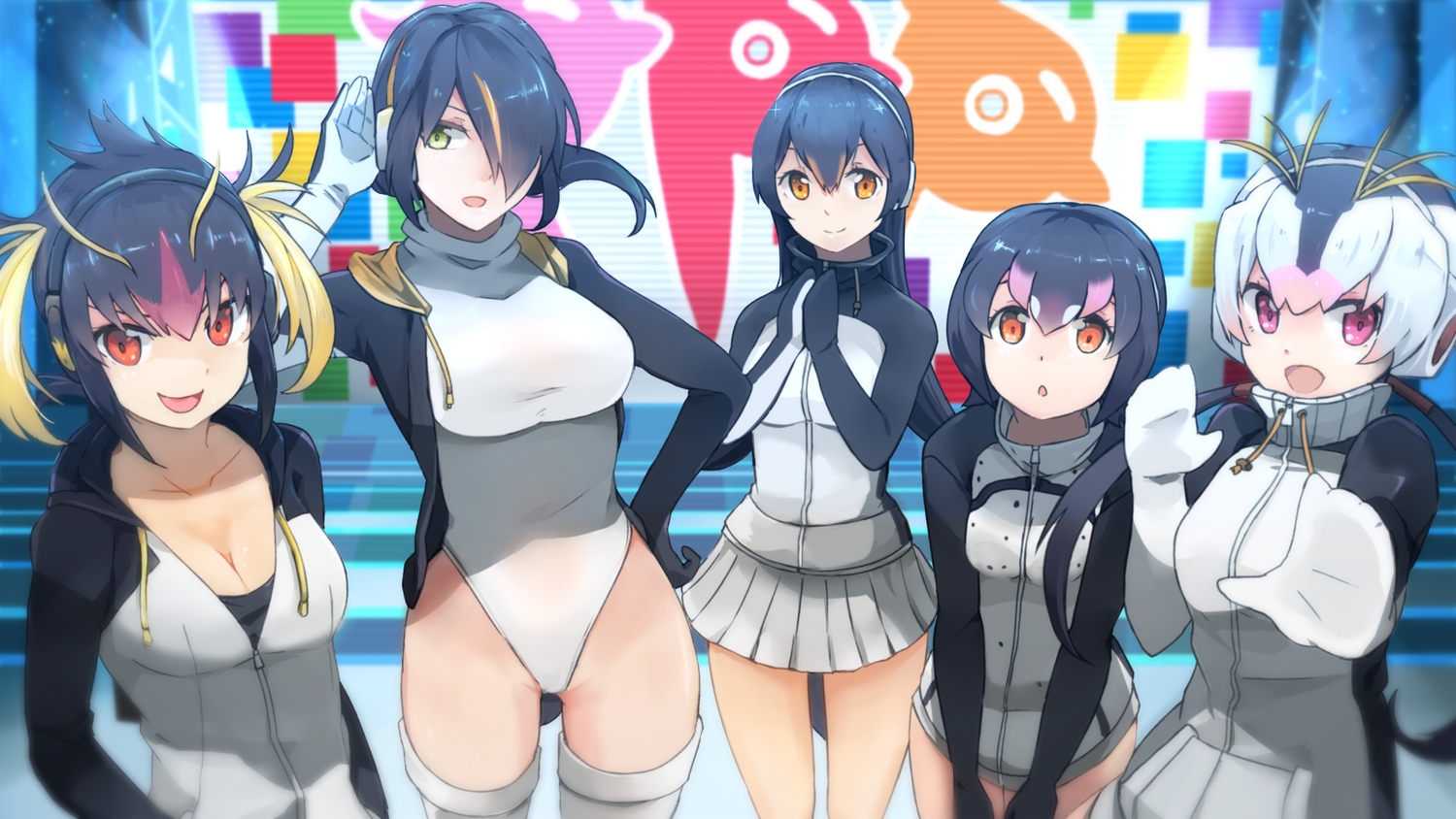 anthropomorphism, breasts, cleavage, emperor_penguin_(kemono_friends), gentoo_penguin_(kemono_friends), group, hood, hsin