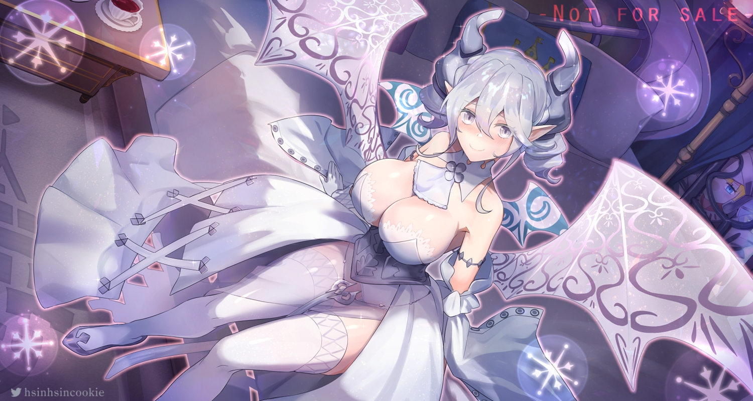 bed, blush, breasts, cleavage, demon, horns, hsin, lovely_labrynth_of_the_silver_castle, pointed_ears, thighhighs, watermark, wings, yu-gi-oh