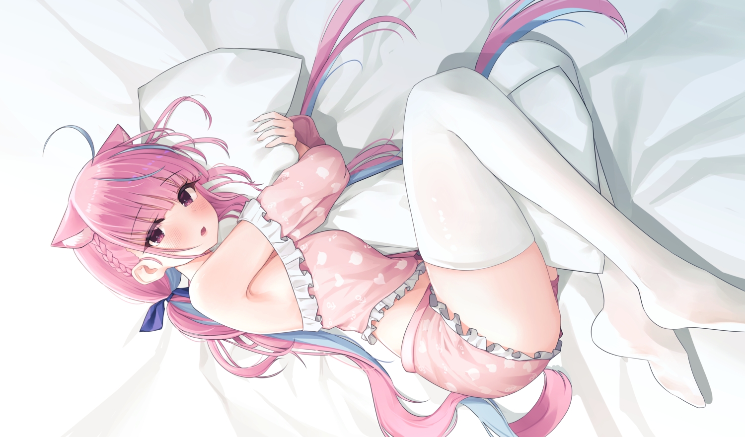 animal_ears, bed, blush, braids, catgirl, daran9, hololive, hug, long_hair, minato_aqua, pajamas, pink_eyes, pink_hair, shorts, thighhighs, twintails