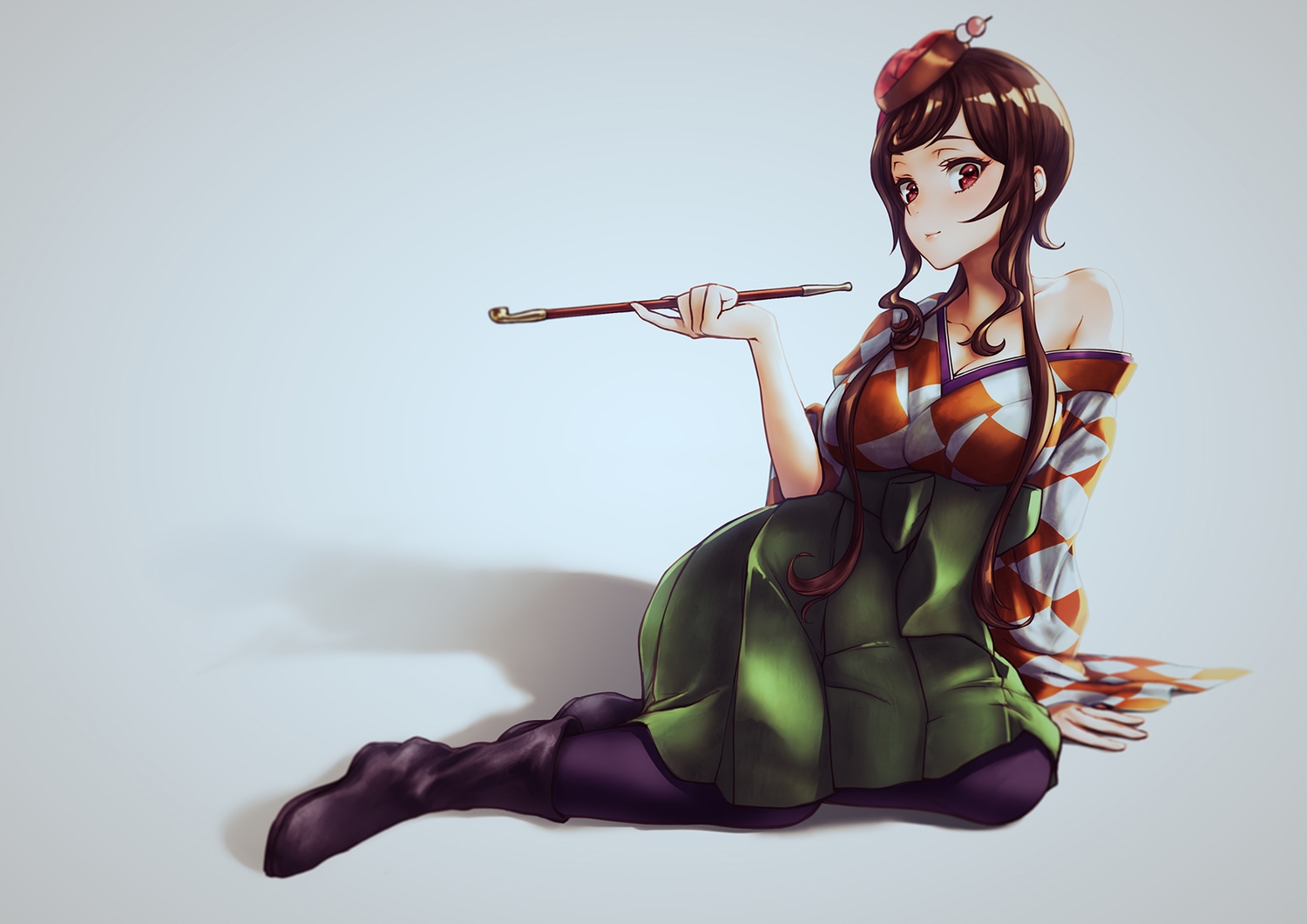 boots, breasts, brown_hair, cleavage, gray, hat, japanese_clothes, mao_san, red_eyes, smoking, yuugiri_(zombieland_saga), zombie_land_saga