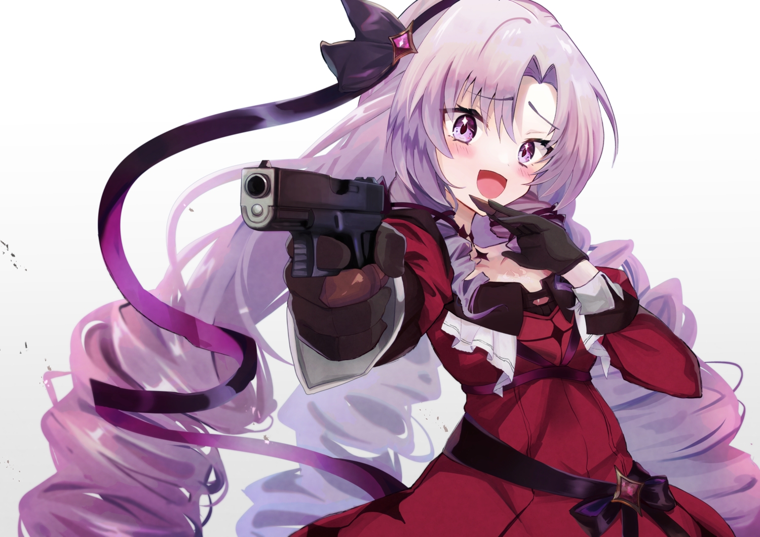 blush, bow, dress, fukiya_(fumiakitoyama), gloves, gun, hyakumantenbara_salome, long_hair, nijisanji, purple_eyes, purple_hair, ribbons, tattoo, weapon